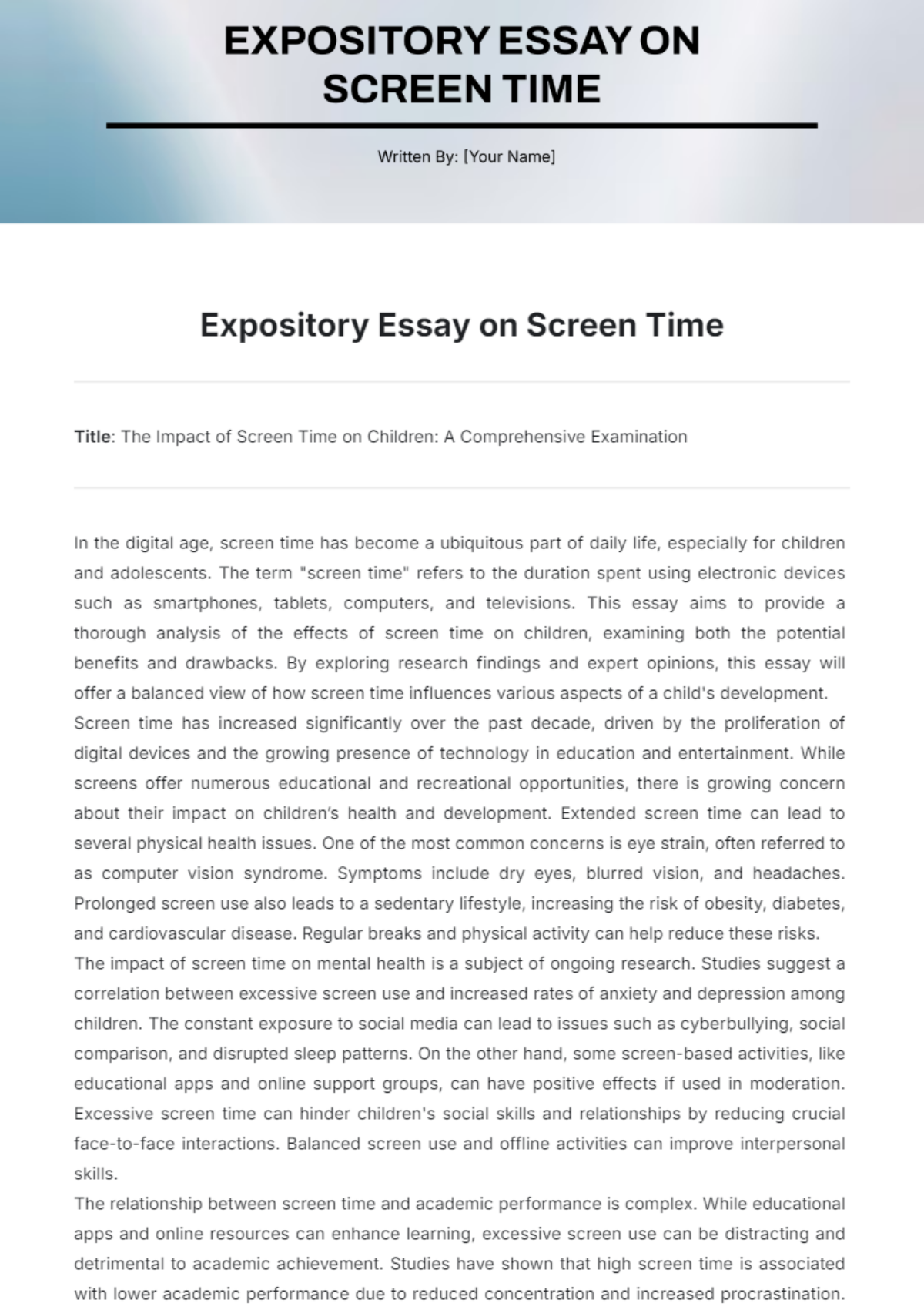 Expository Essay on Screen Time Template