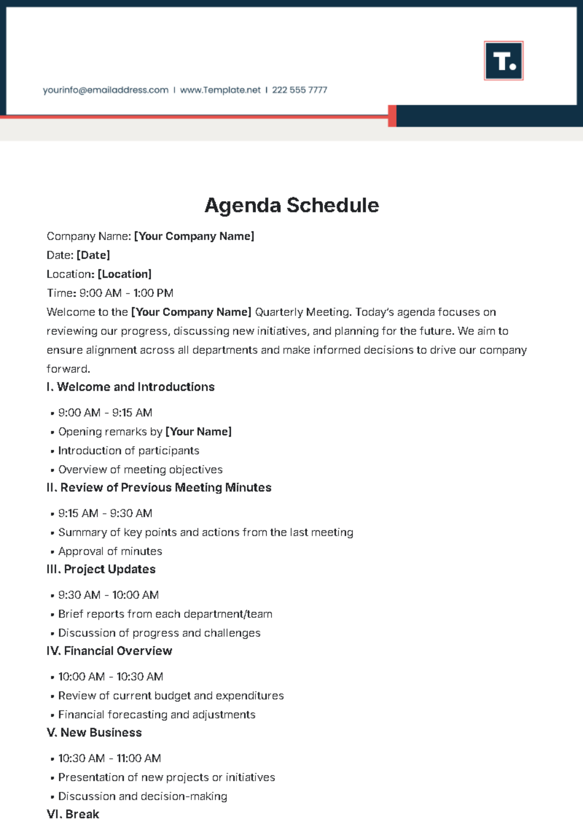 Agenda Schedule Template