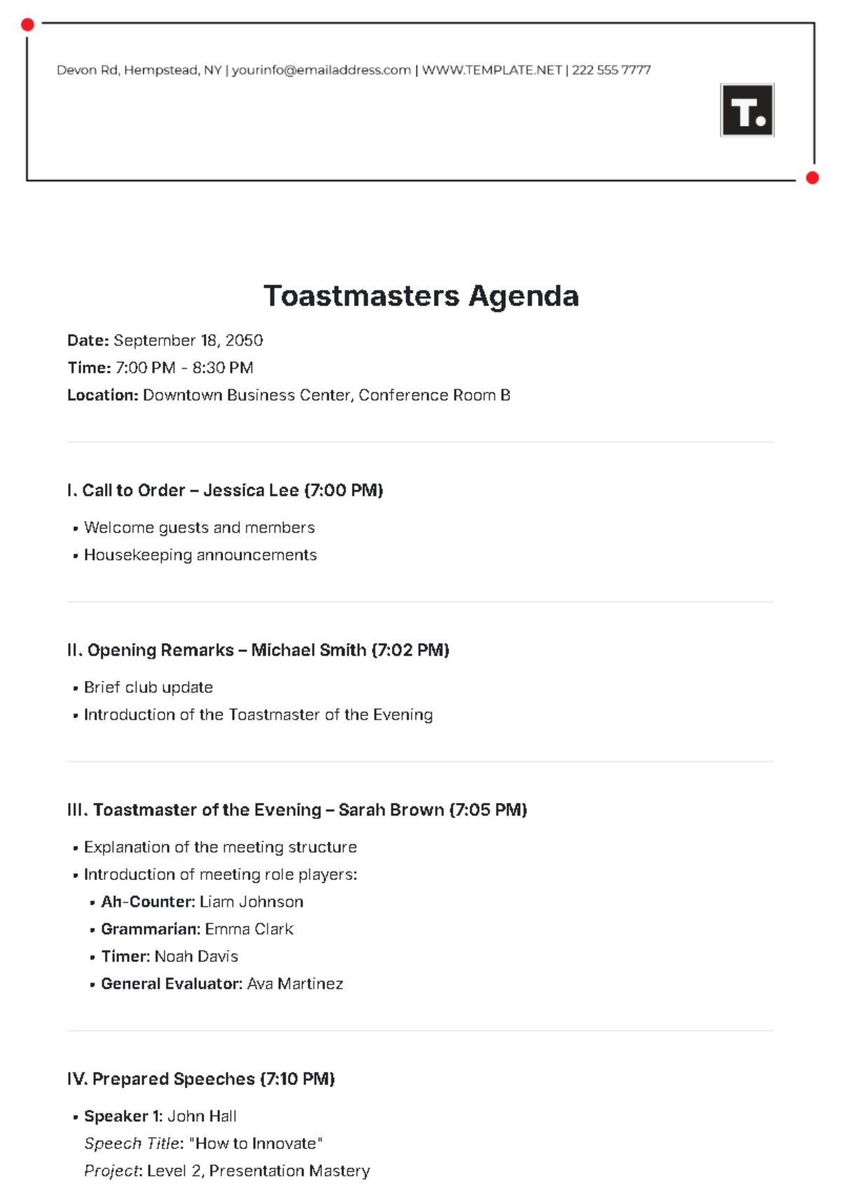 Toastmasters Agenda Template - Edit Online & Download