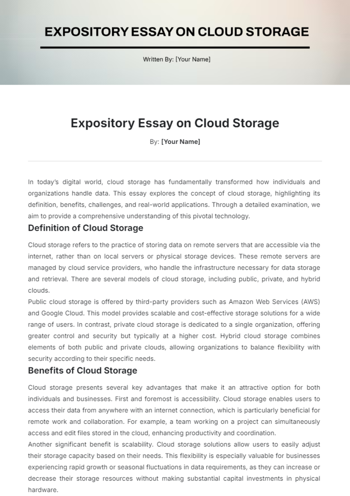 Expository Essay on Cloud Storage Template - Edit Online & Download