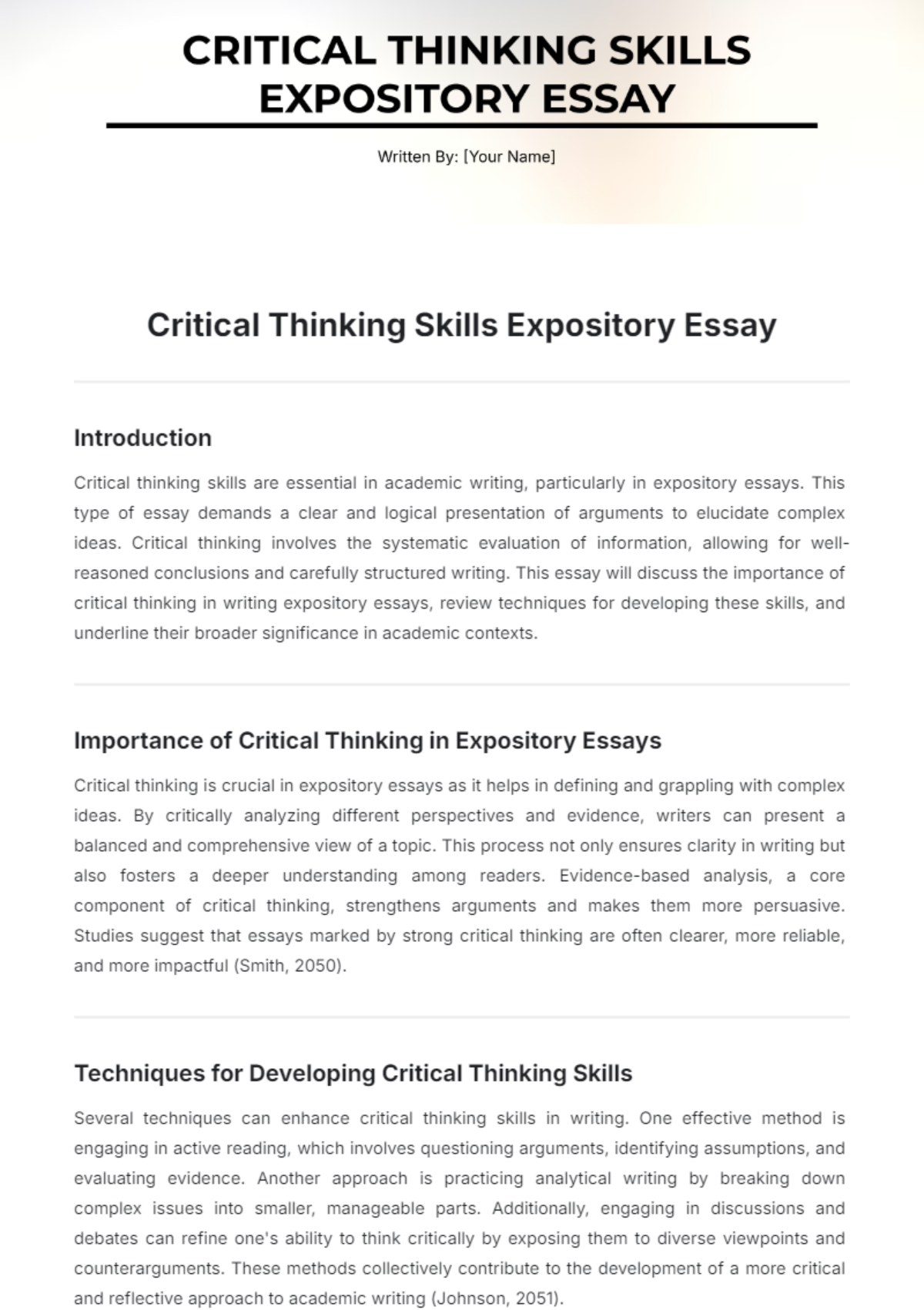 Critical Thinking Skills Expository Essay Template