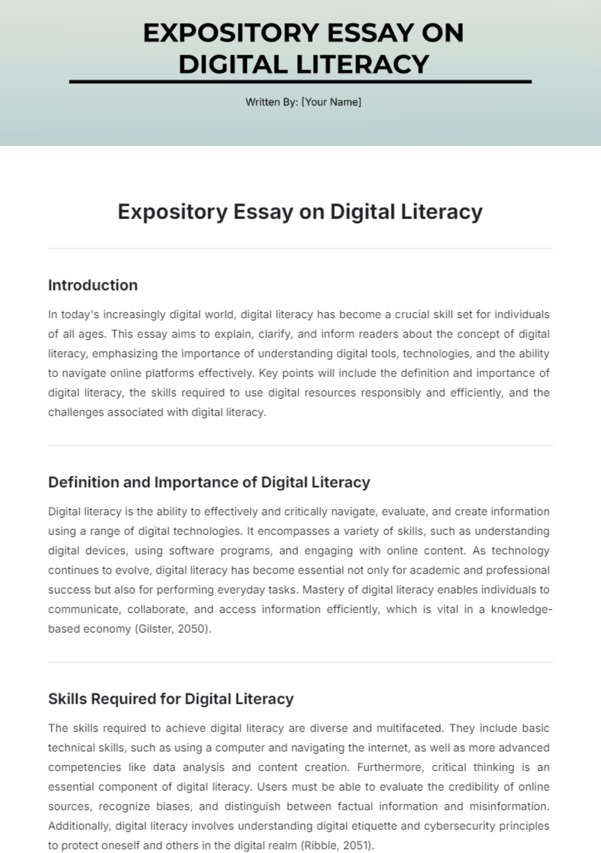 Expository Essay on Digital Literacy Template