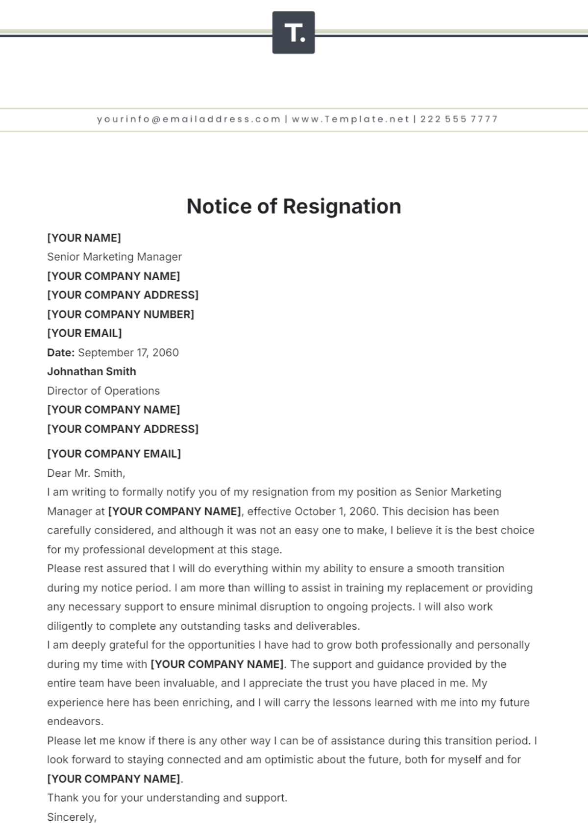 Notice of Resignation Template