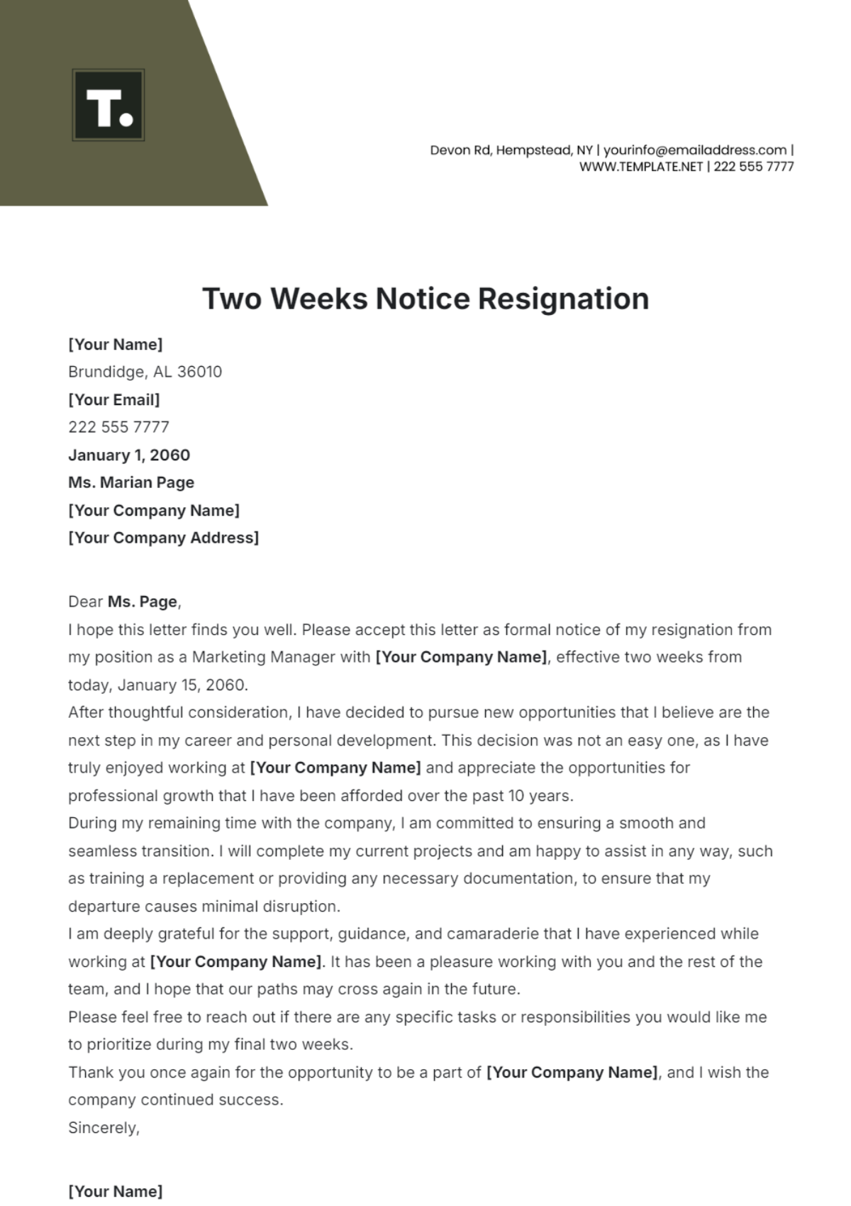 Two Weeks’ Notice Resignation Template