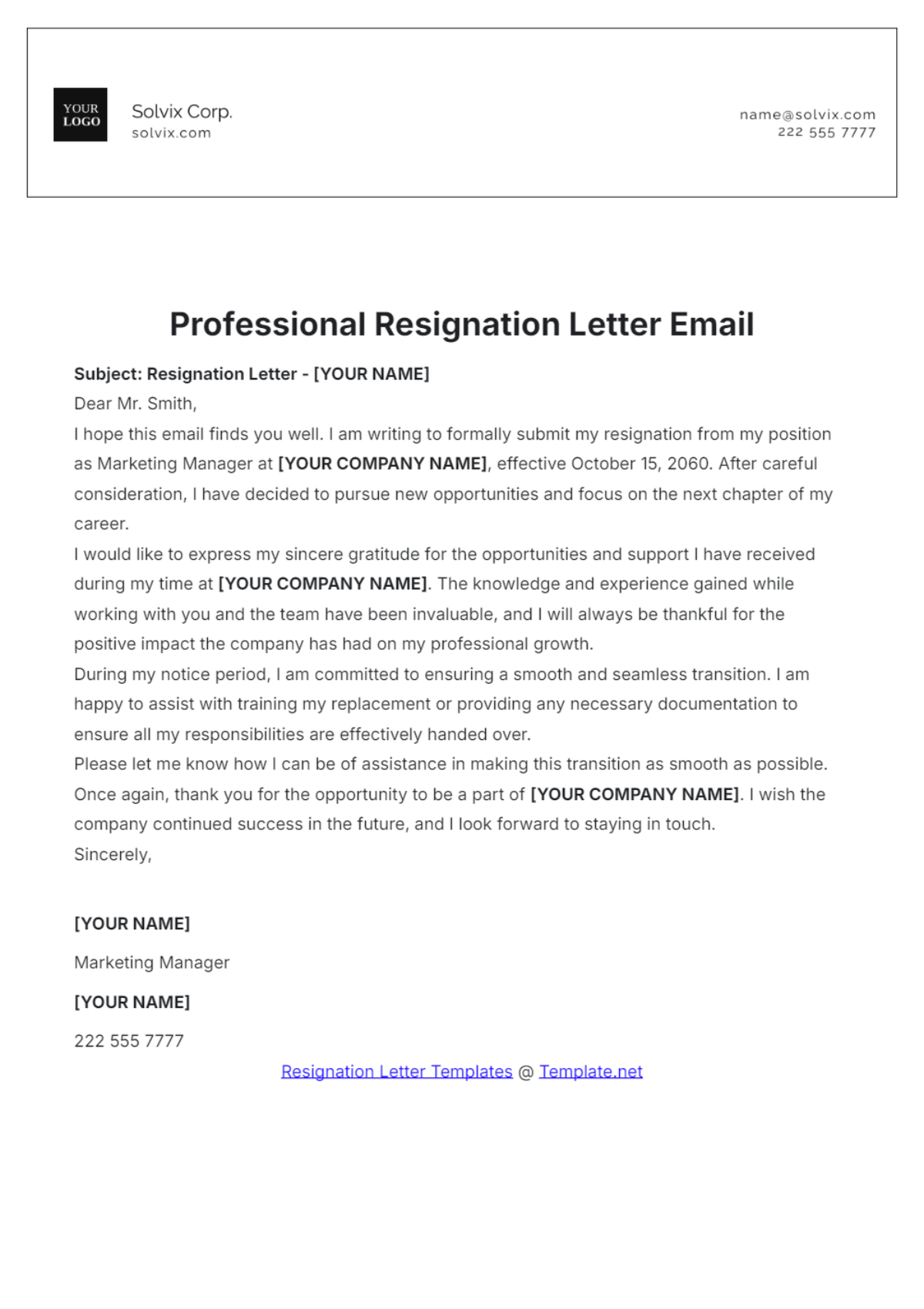 Professional Resignation Letter Email Template