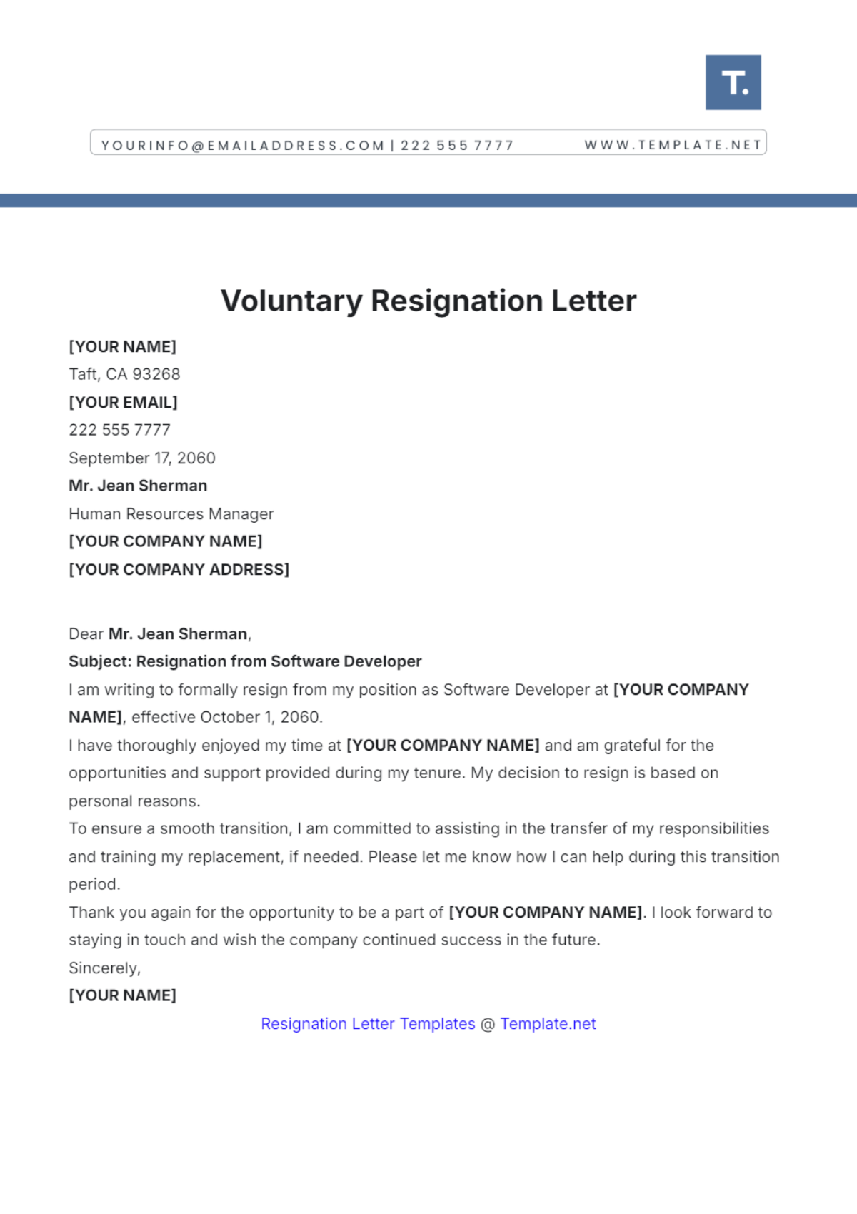 Voluntary Resignation Letter Template