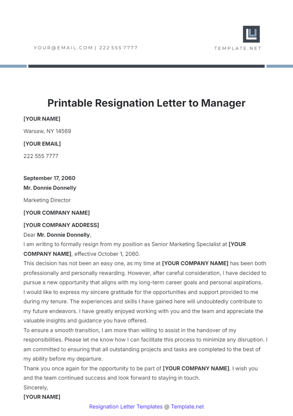 Printable Resignation Letter to Manager Template