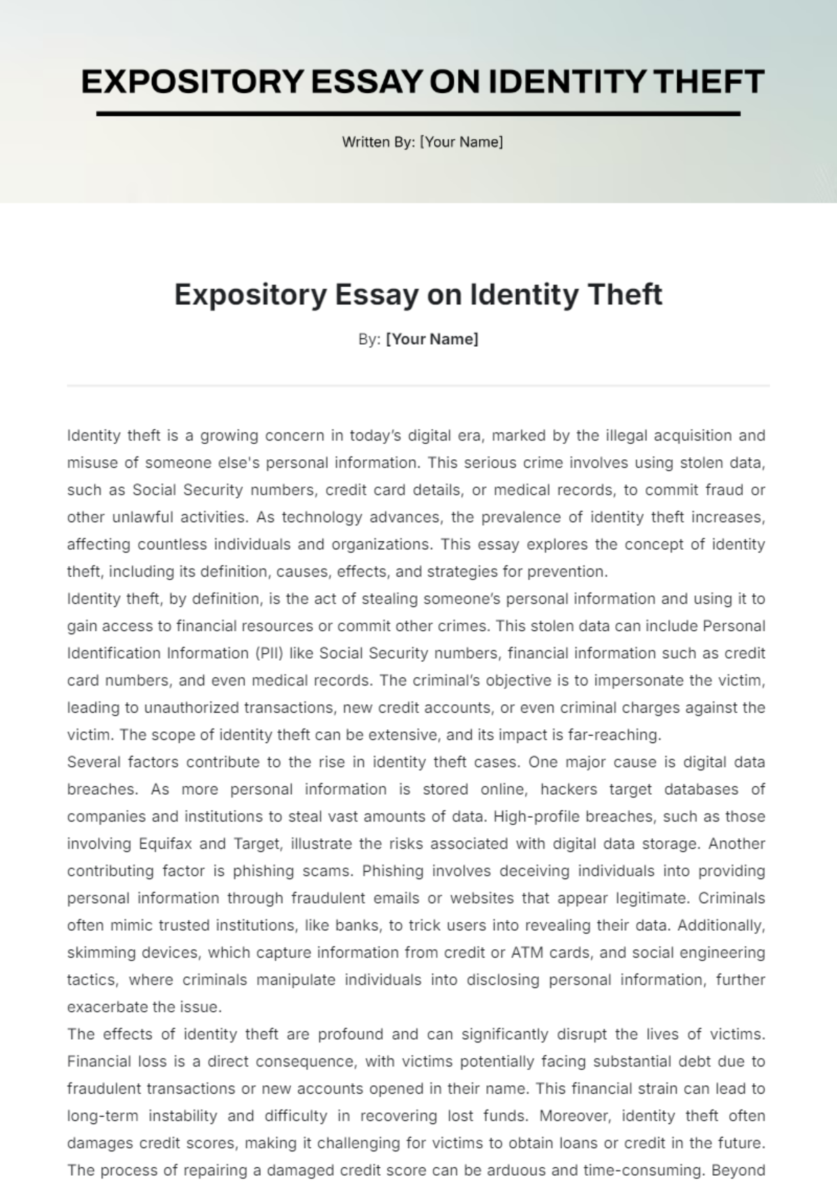 Expository Essay on Identity Theft Template