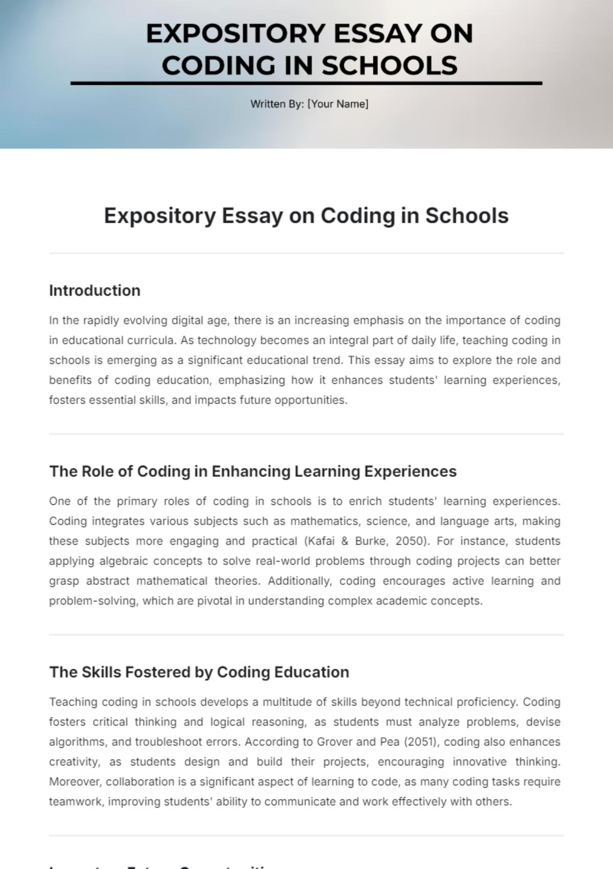 Expository Essay on Coding in Schools Template