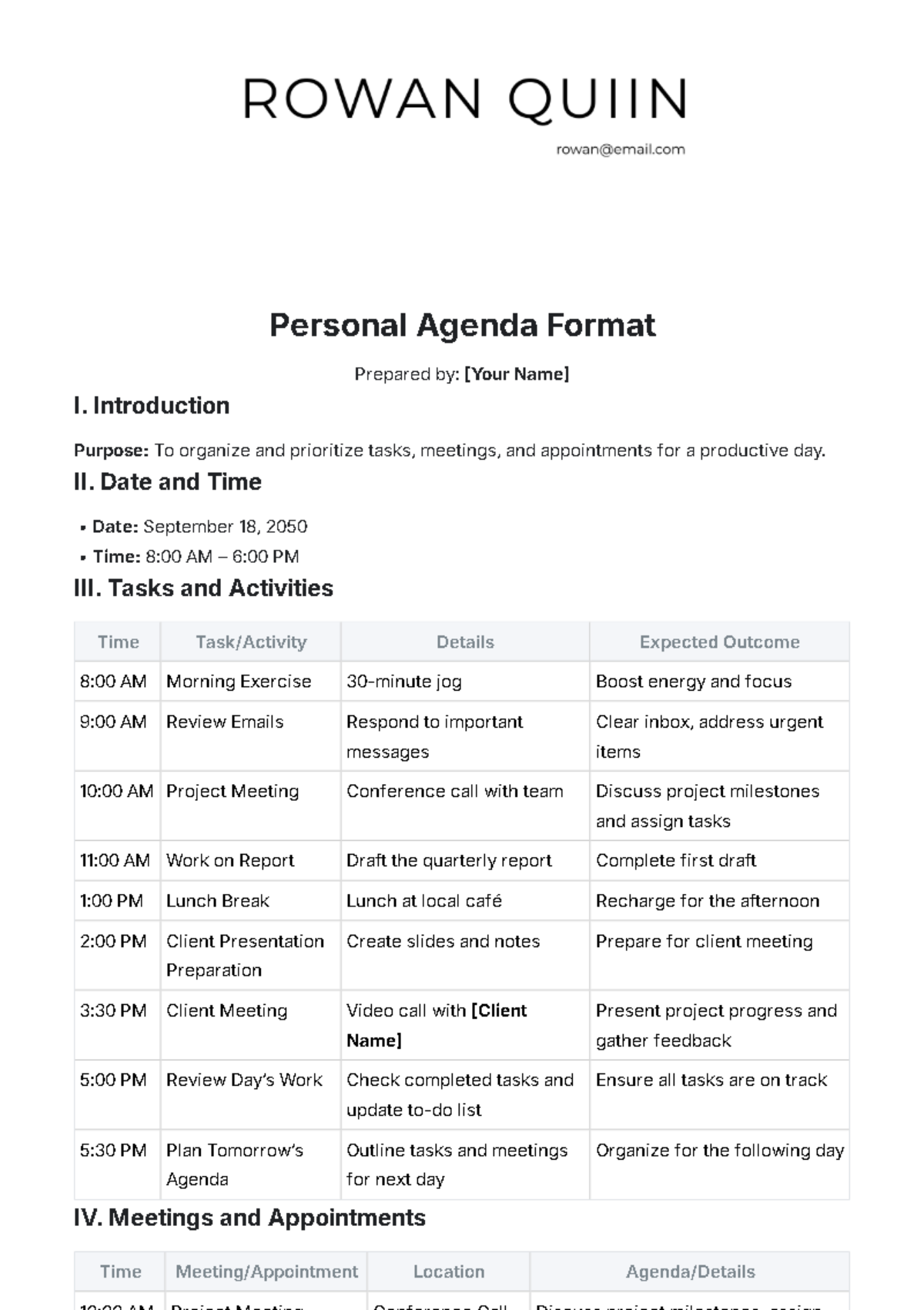 Personal Agenda Format Template