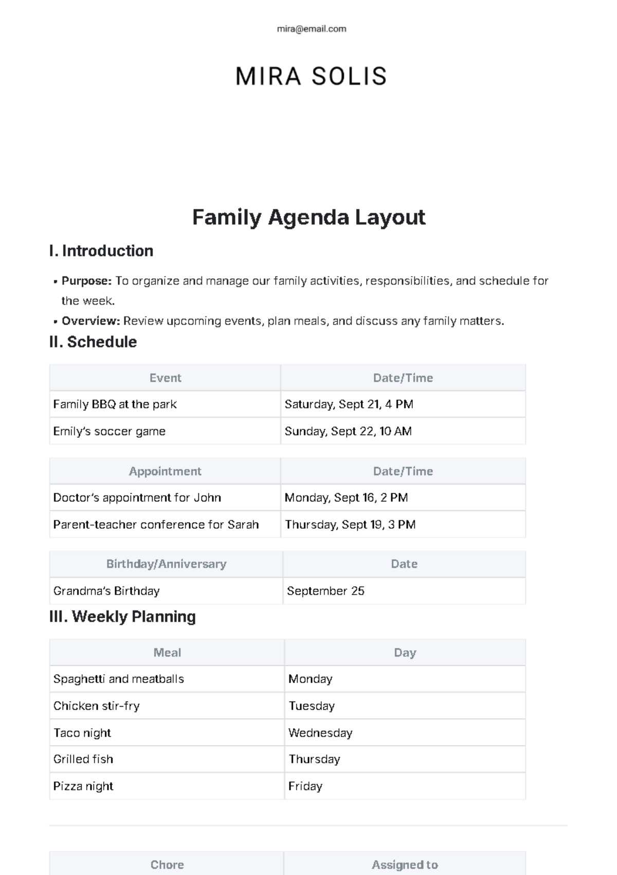 Family Agenda Layout Template