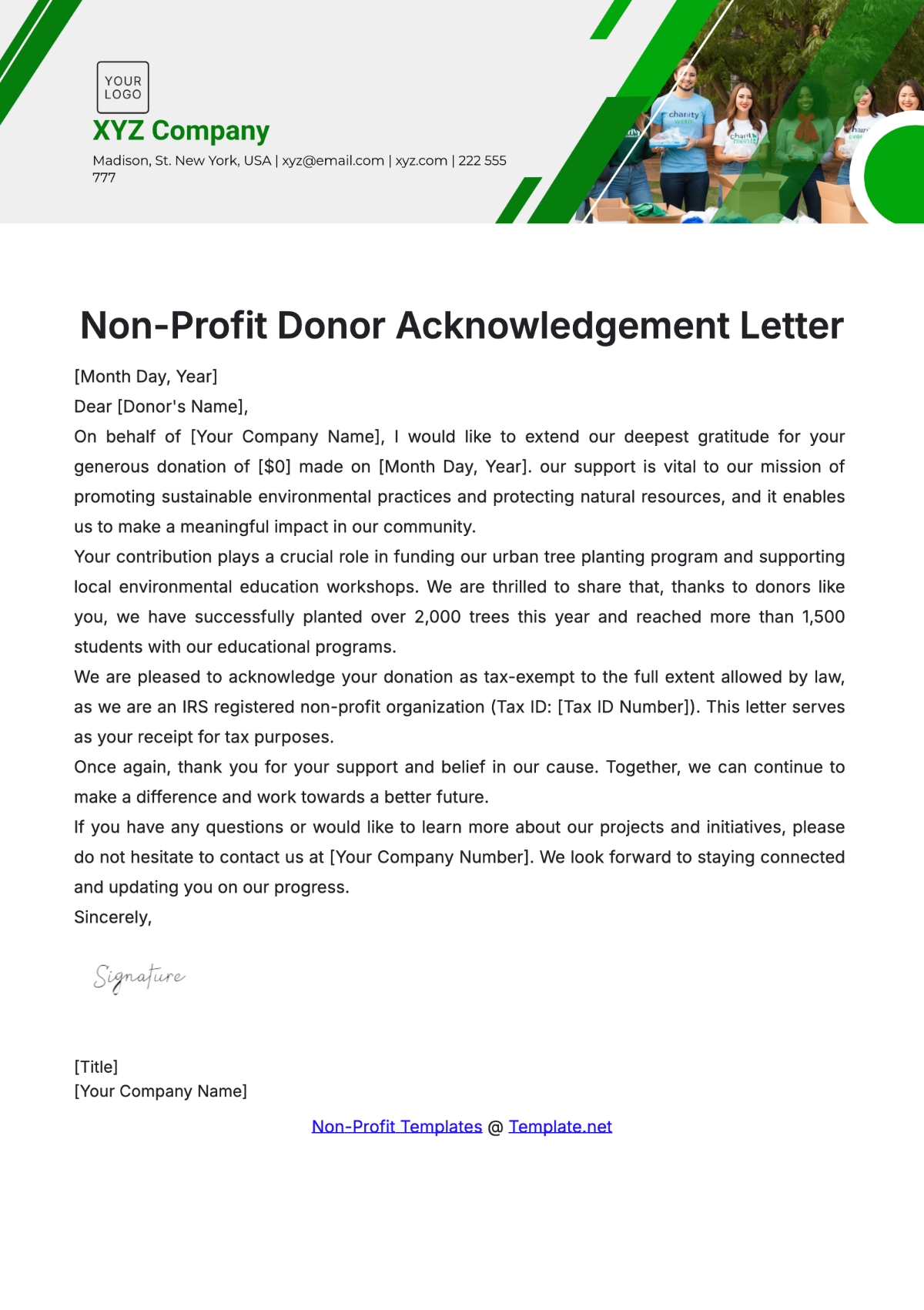 Non-Profit Donor Acknowledgement Letter Template