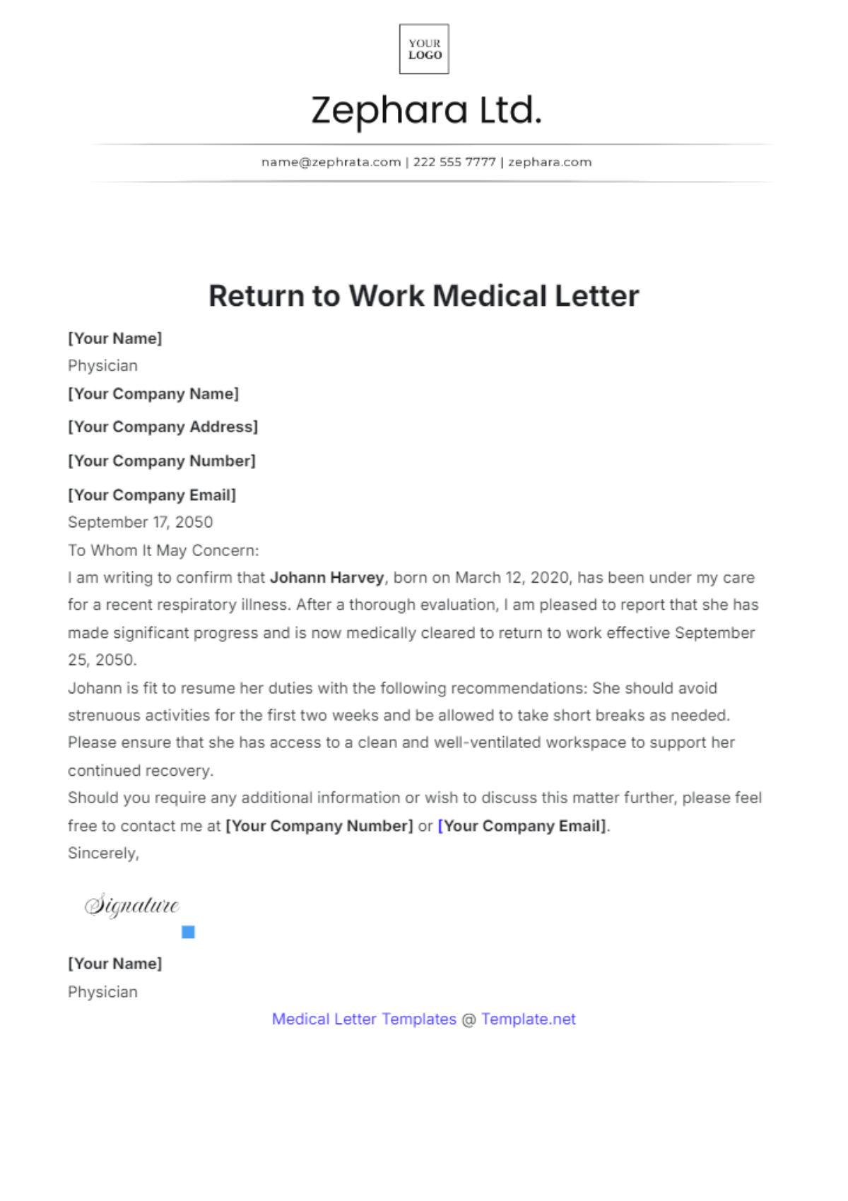 Return to Work Medical Letter Template - Edit Online & Download