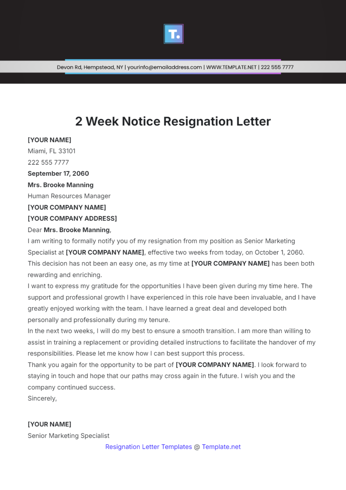 2 Week Notice Resignation Letter Template - Edit Online & Download