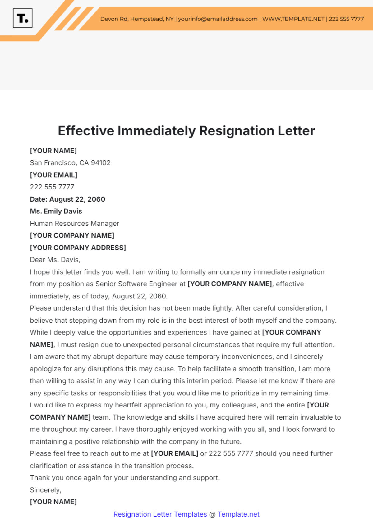 Effective Immediately Resignation Letter Template - Edit Online & Download