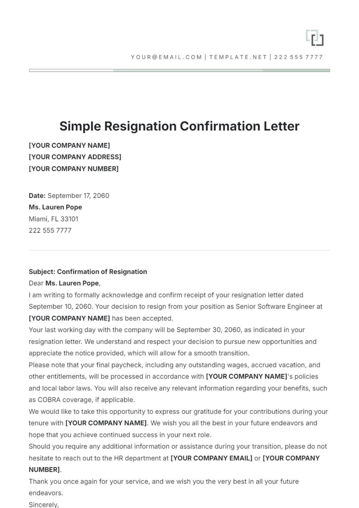 Simple Resignation Confirmation Letter Template - Edit Online & Download