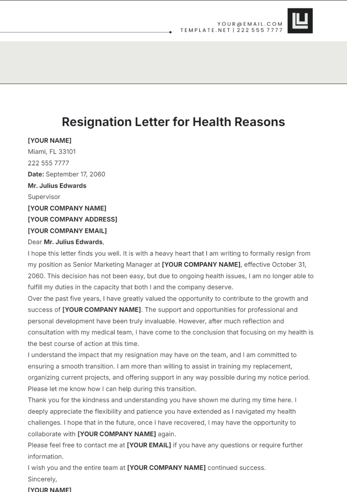 Resignation Letter for Health Reasons Template - Edit Online & Download