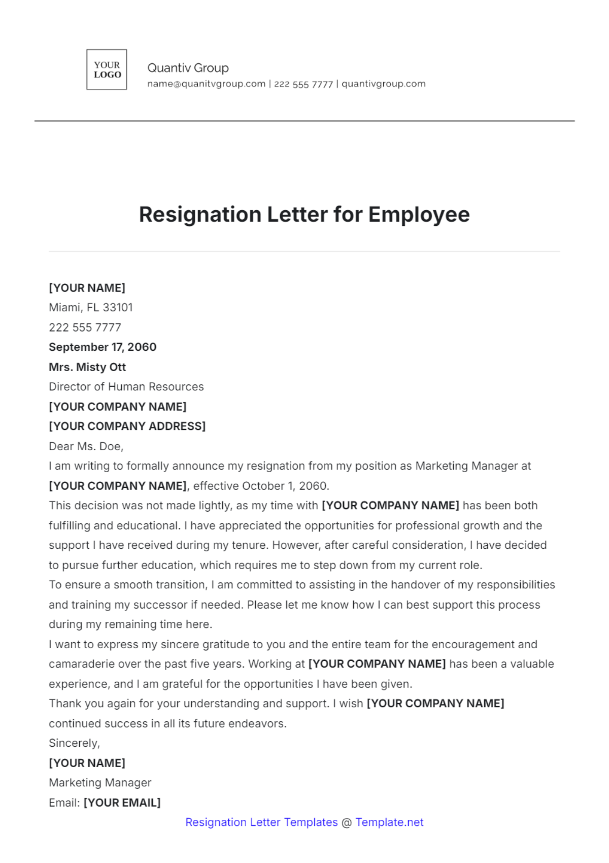 Resignation Letter for Employee Template - Edit Online & Download