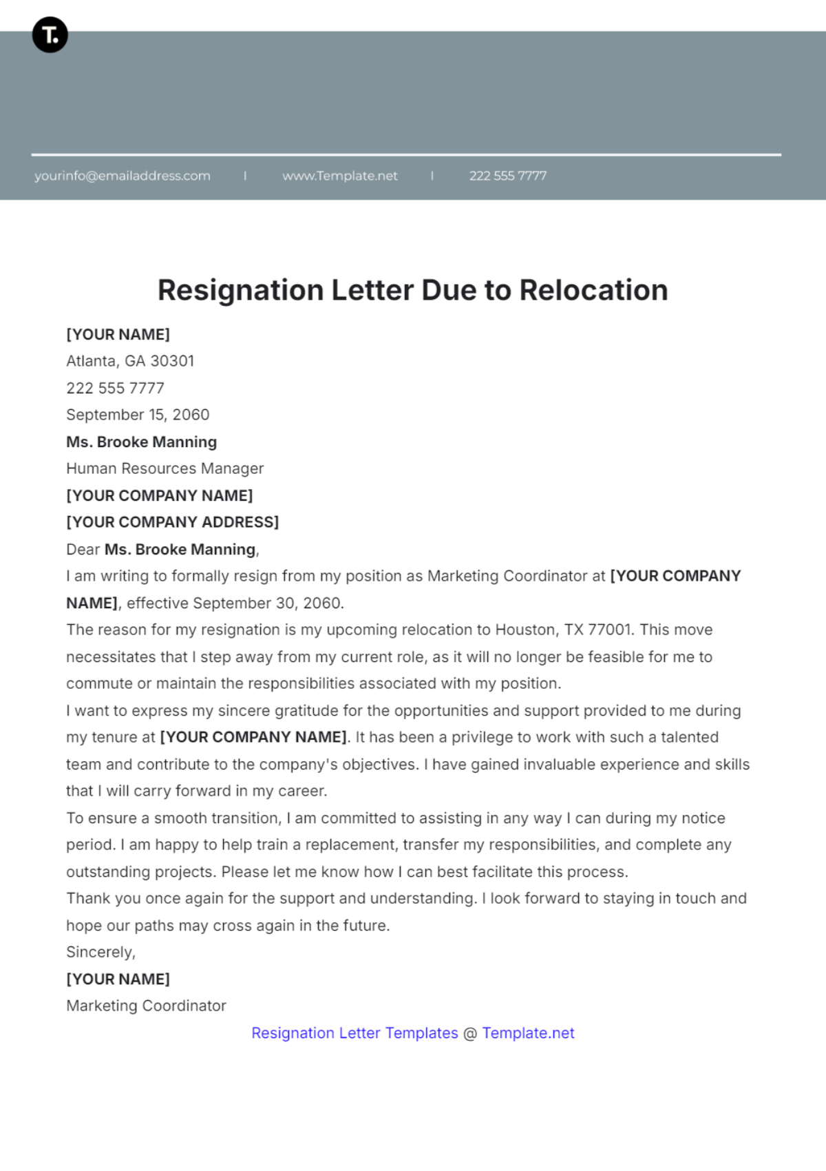 Resignation Letter Due to Relocation Template - Edit Online & Download