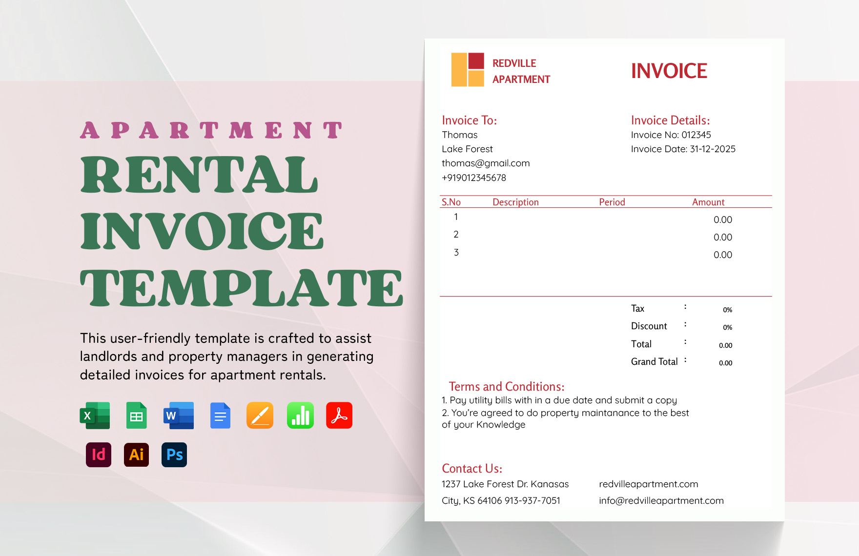 Apartment Rental Invoice Template in Google Docs, Google Sheets, PDF, Illustrator, Pages, PSD, Apple Numbers, Word, Excel, InDesign - Download | Template.net