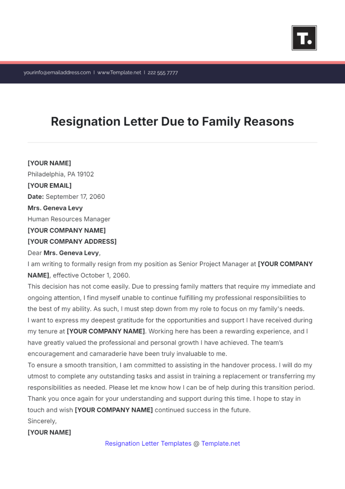 Resignation Letter Due to Family Reasons Template - Edit Online & Download