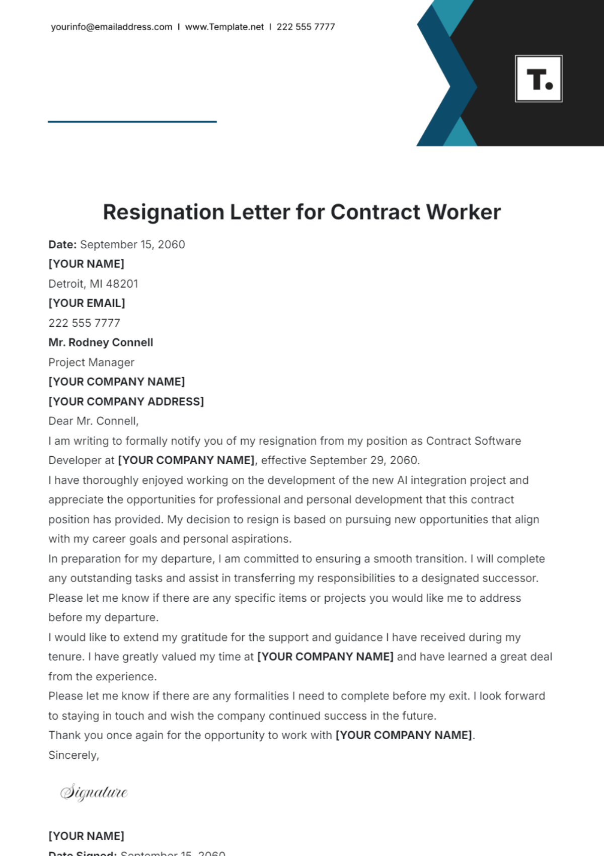 Resignation Letter for Contract Worker Template - Edit Online & Download