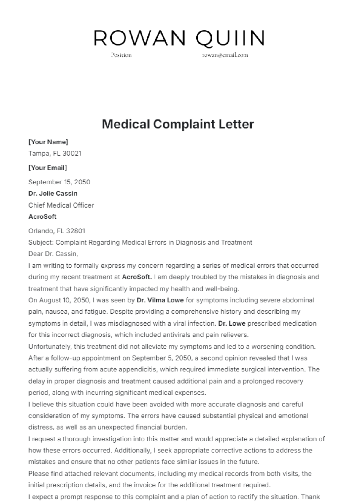 Medical Complaint Letter Template - Edit Online & Download