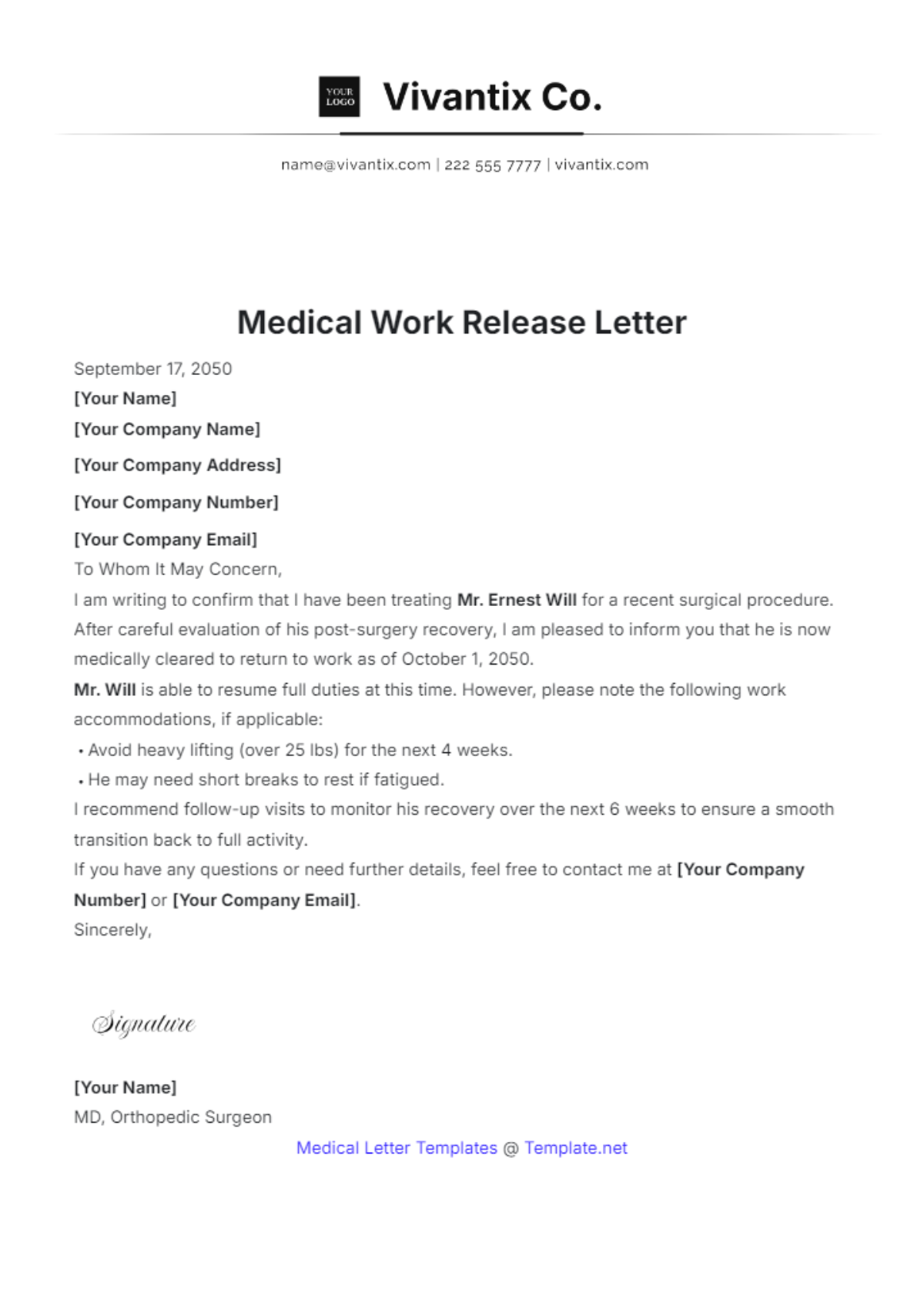 Medical Work Release Letter Template - Edit Online & Download