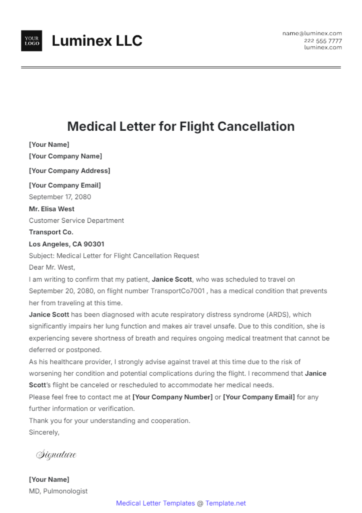 Medical Letter for Flight Cancellation Template - Edit Online & Download