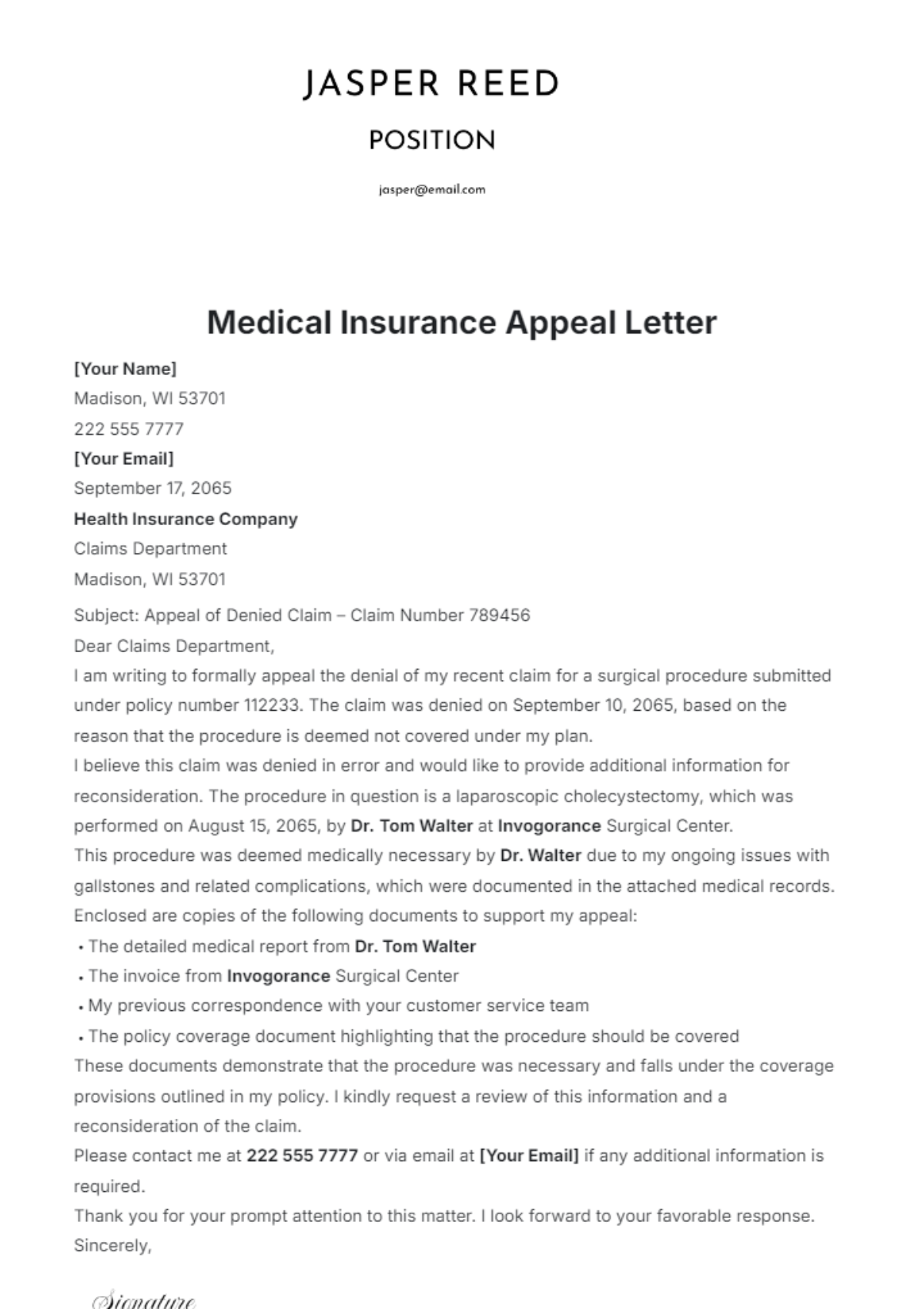 Medical Insurance Appeal Letter Template - Edit Online & Download