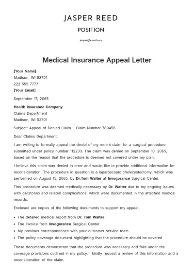 Free Medical Insurance Appeal Letter Template to Edit Online