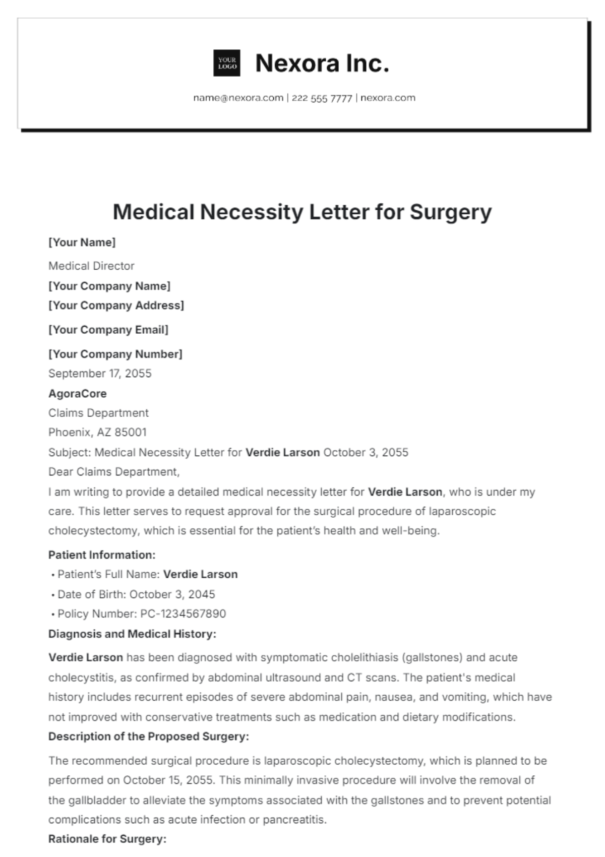 Medical Necessity Letter for Surgery Template