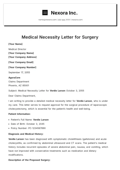 Free Medical Necessity Letter for Surgery Template to Edit Online