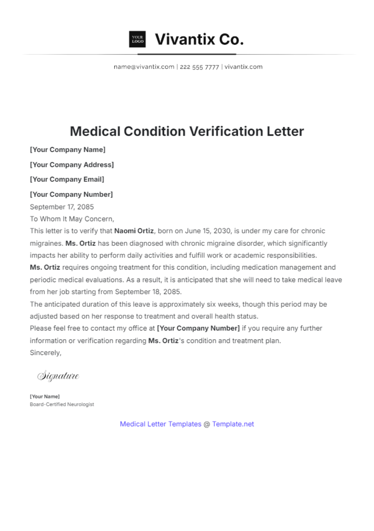 Medical Condition Verification Letter Template