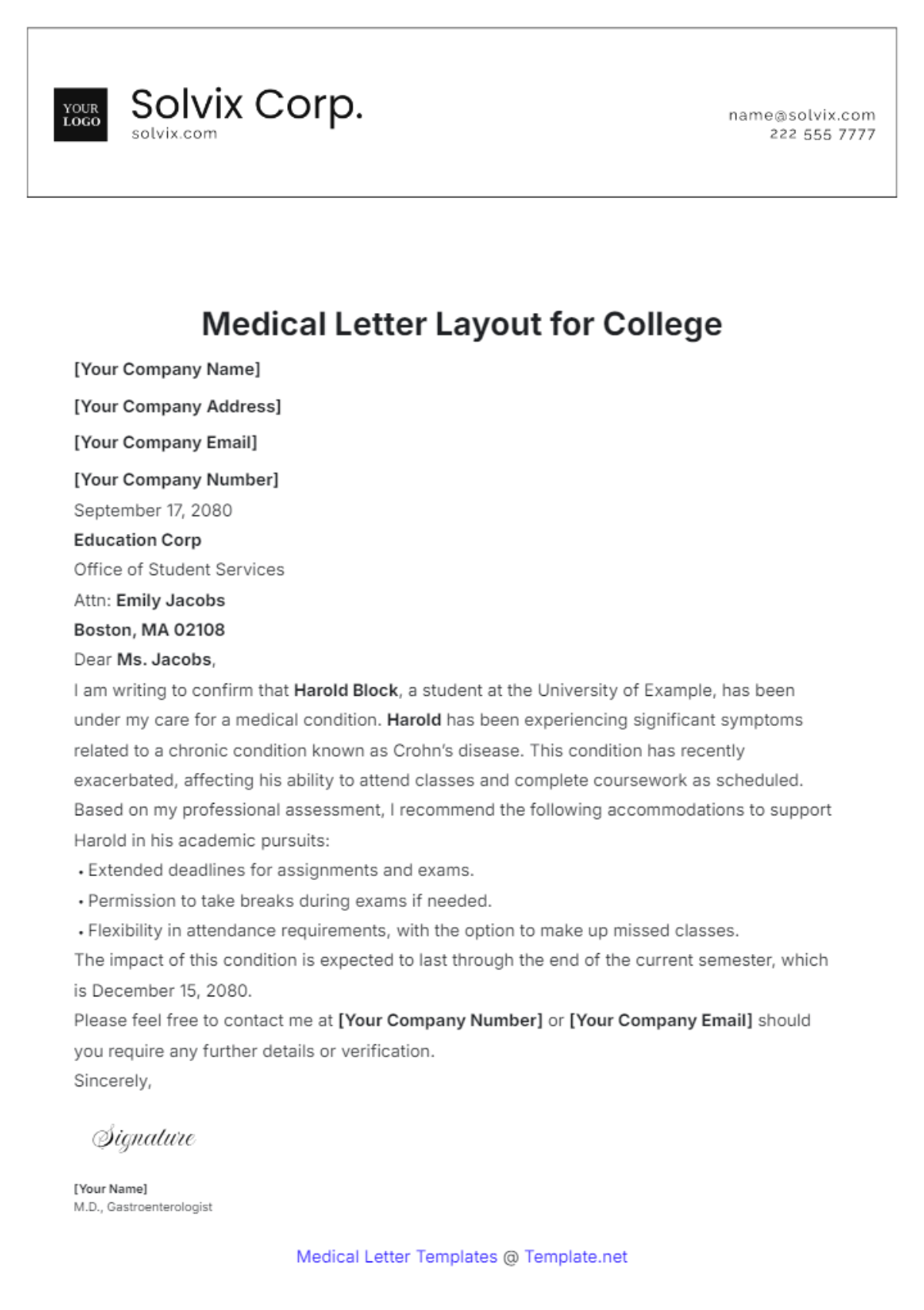 Medical Letter Layout for College Template