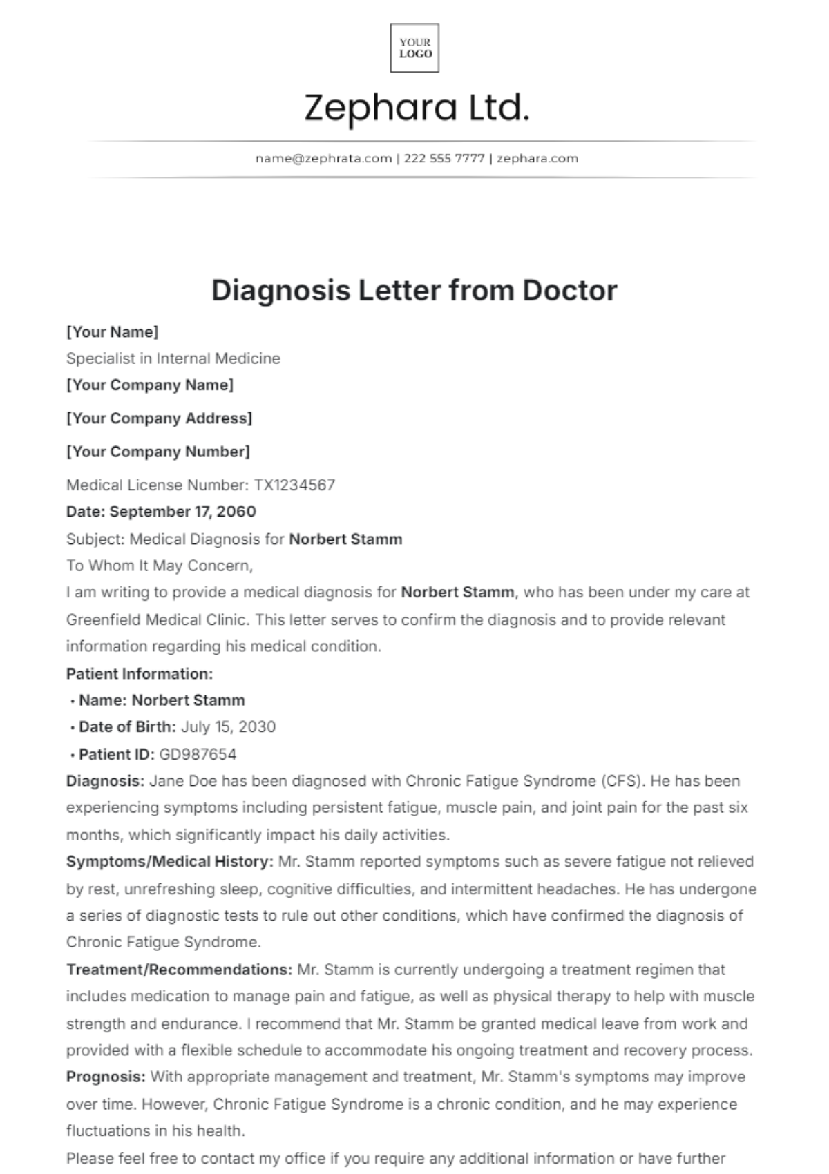 Diagnosis Letter from Doctor Template