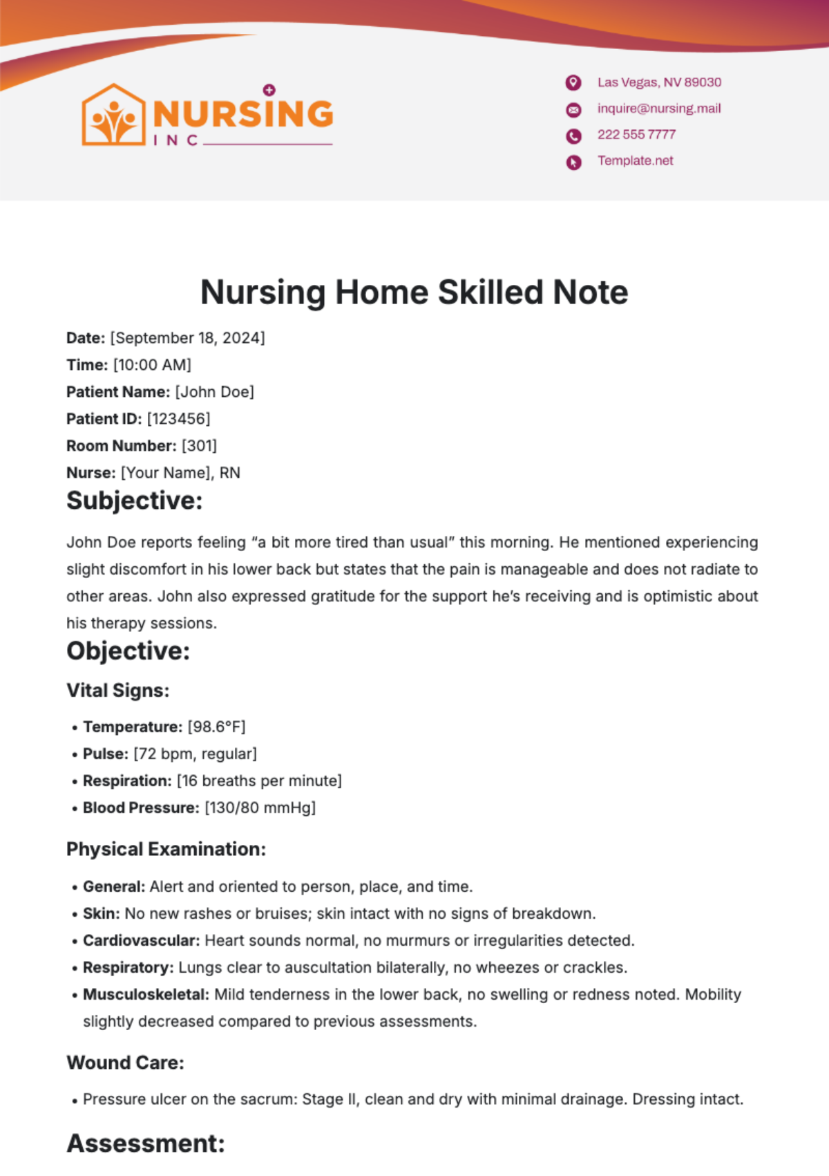 Nursing Home Skilled Note Template