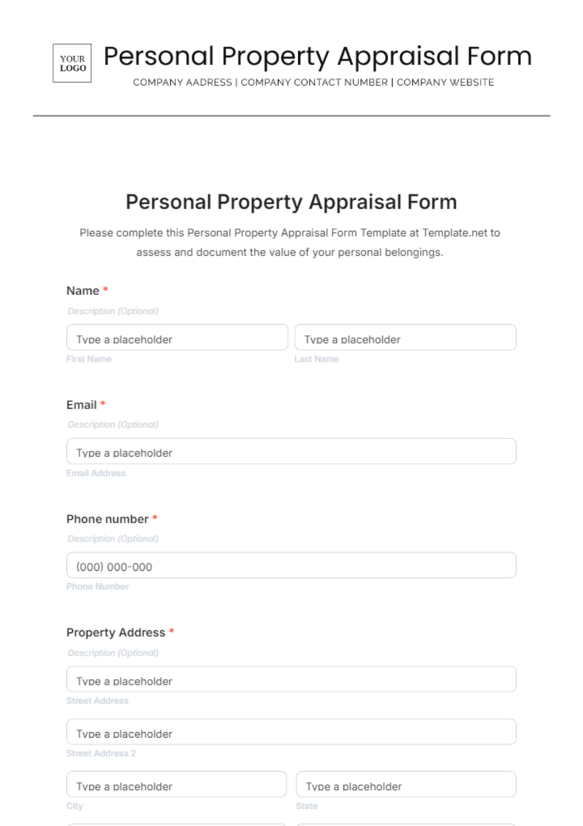 Free Personal Property Appraisal Form Template