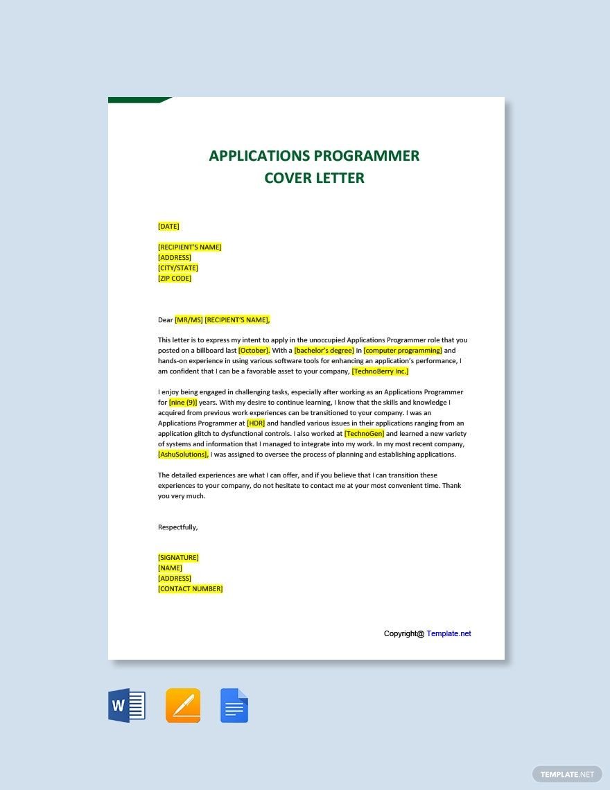 Applications Programmer Cover Letter