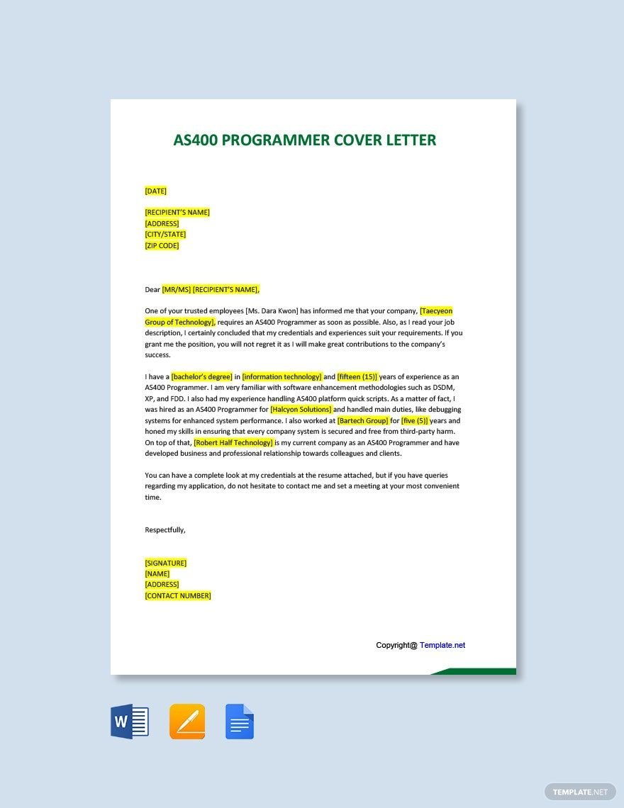 Free AS400 Programmer Cover Letter Template