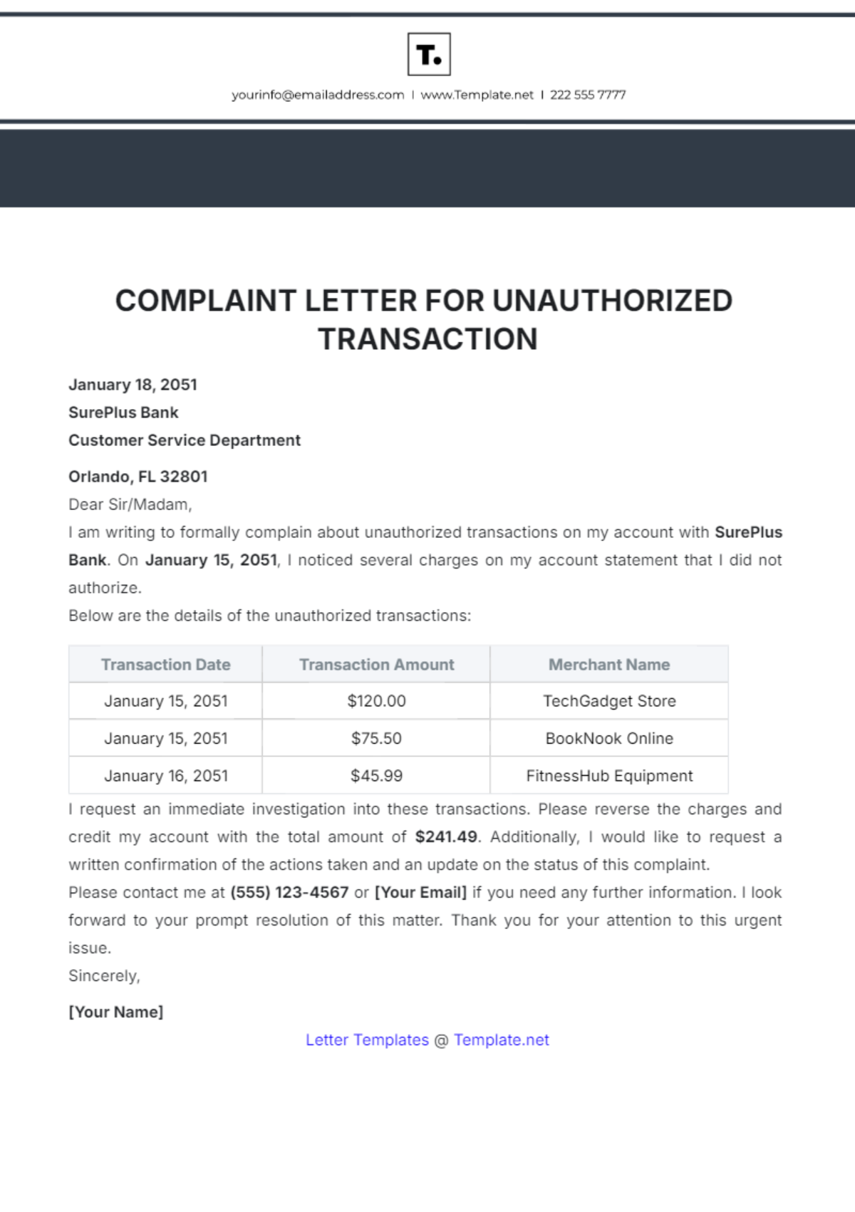 Complaint Letter Template for Unauthorized Transactions - Edit Online & Download