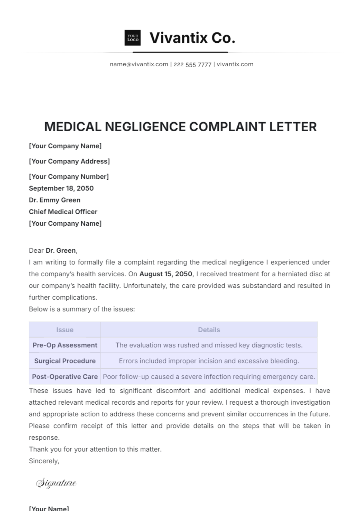 Medical Negligence Complaint Letter Template