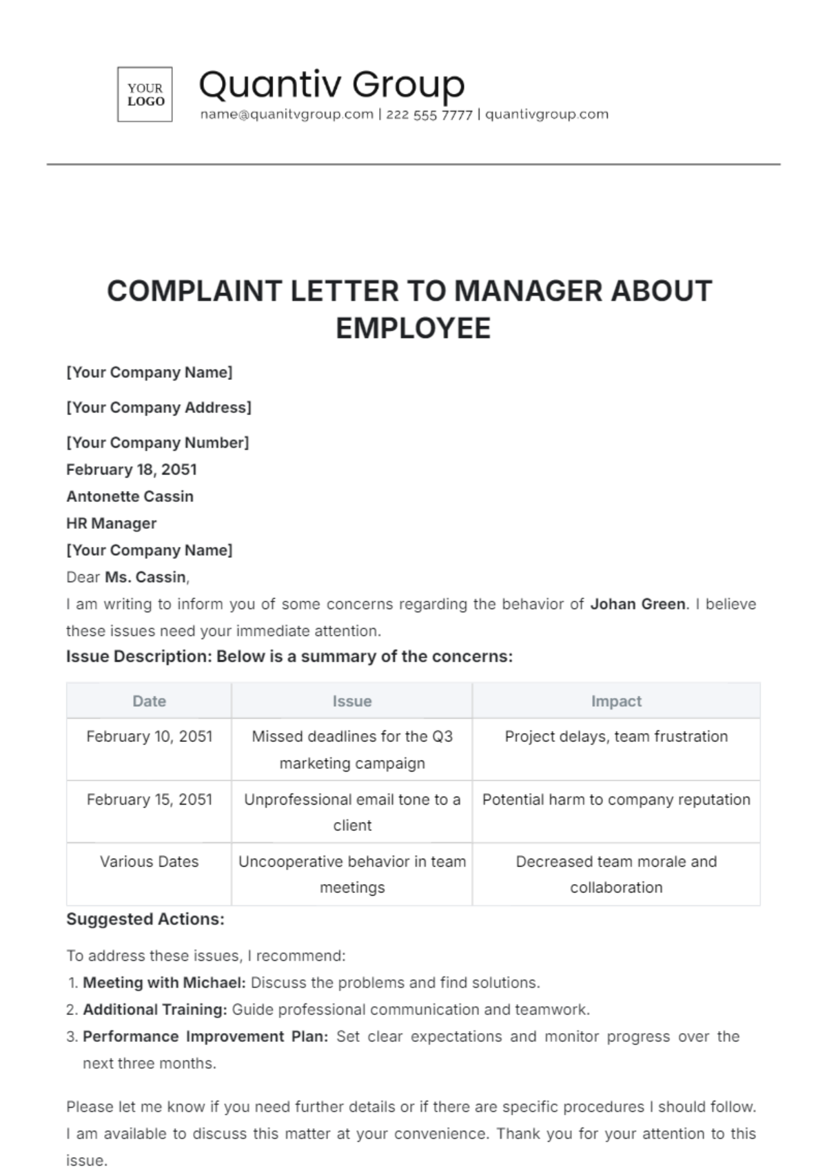 Complaint Letter Template to Manager About Employee