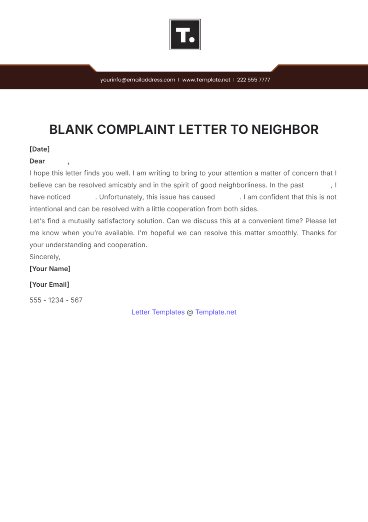 Blank Complaint Letter to Neighbor Template