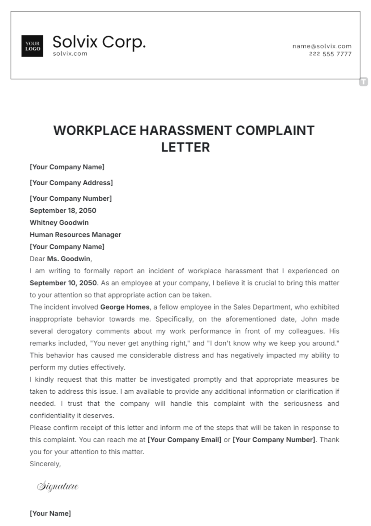 Workplace Harassment Complaint Letter Template