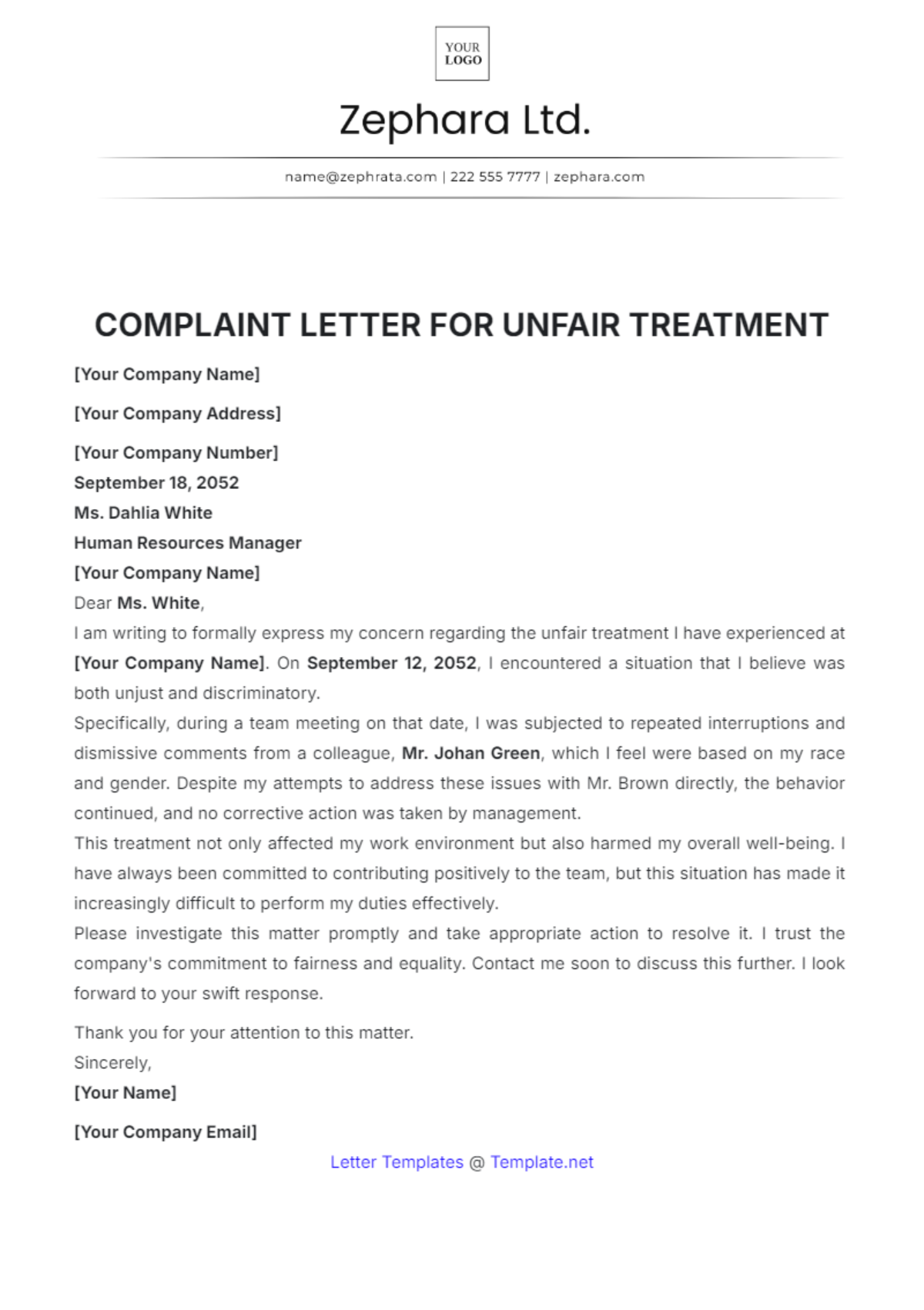 Complaint Letter for Unfair Treatment Template