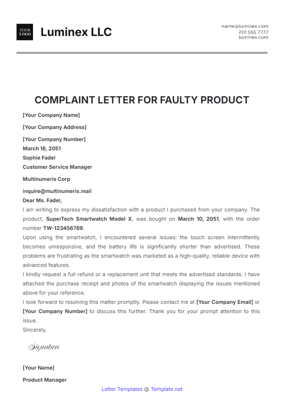 Complaint Letter for Faulty Product Template