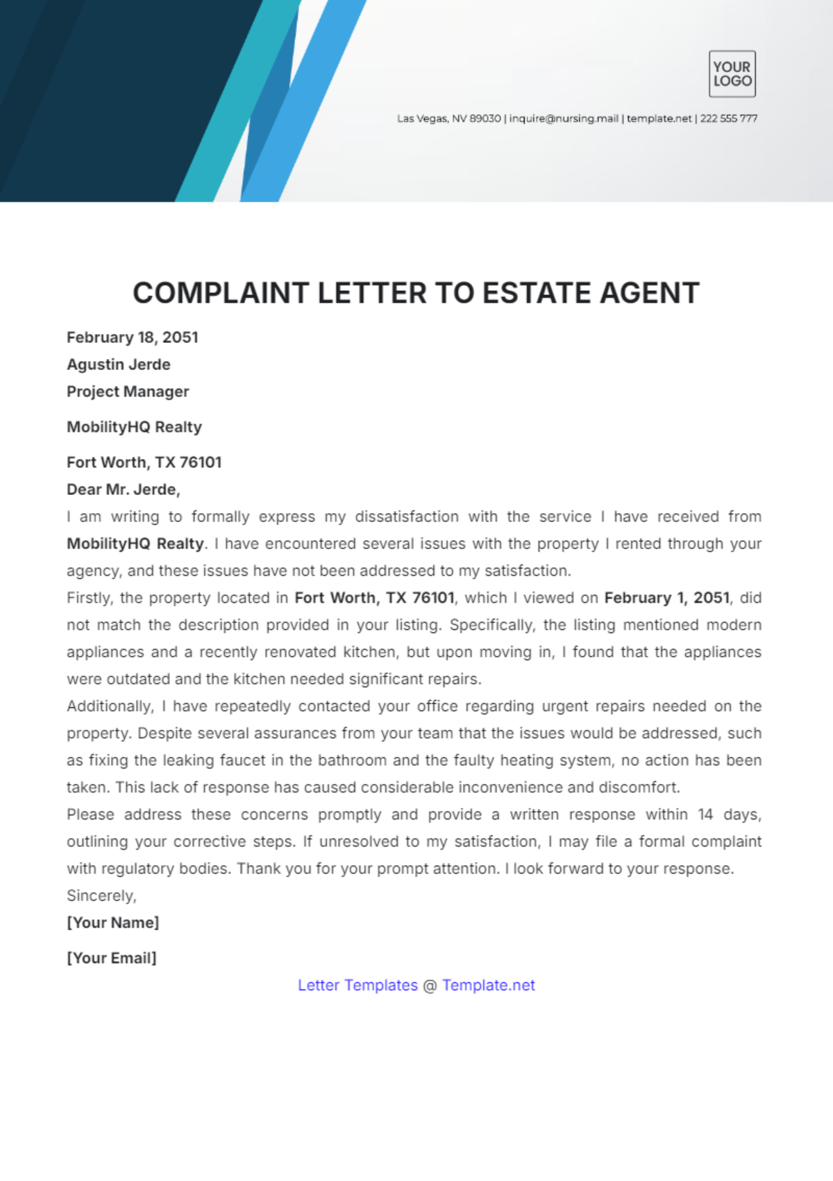 Complaint Letter to Estate Agent Template