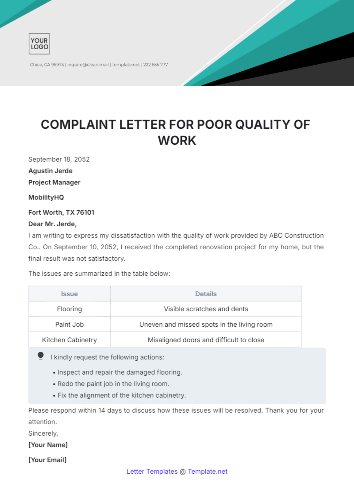 Complaint Letter Template for Poor Quality of Work