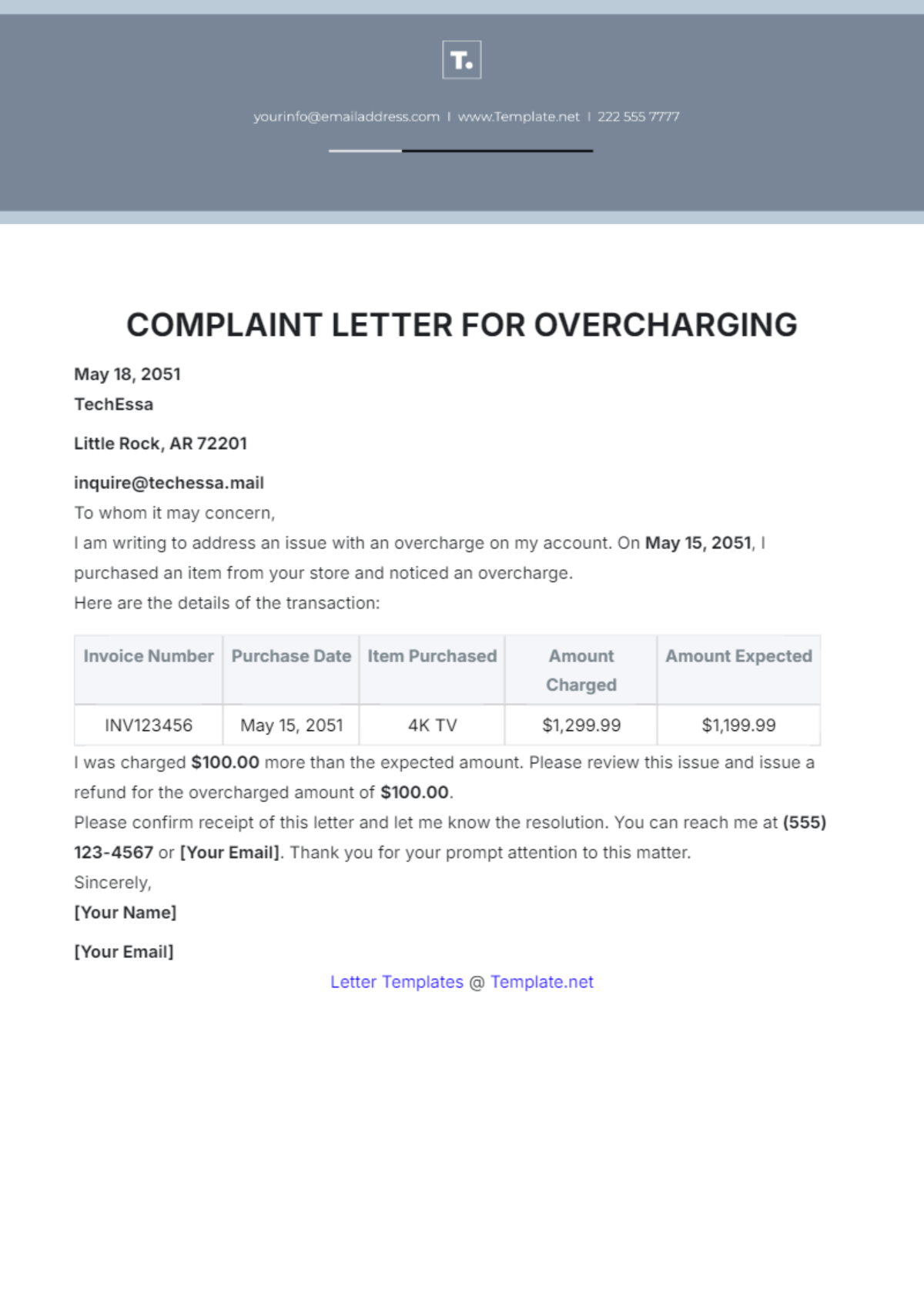 Complaint Letter for Overcharging Template